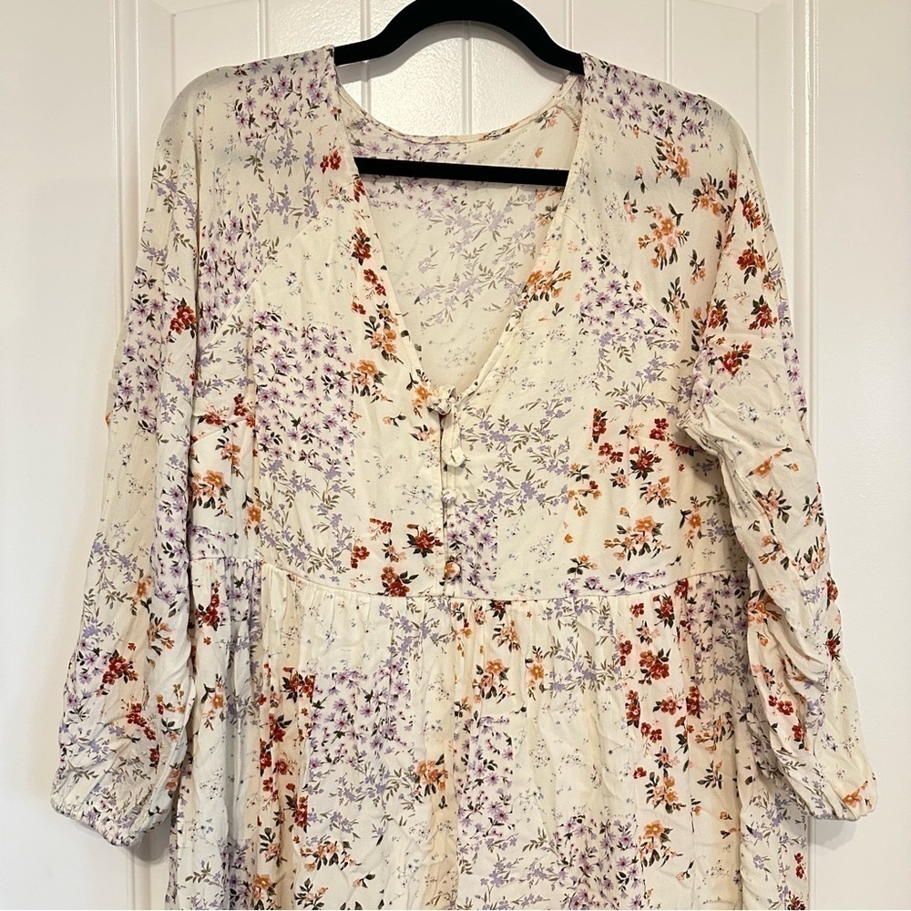 Super cute floral mini dress fully lined button bodice v-neck women's size L - Picture 2 of 8